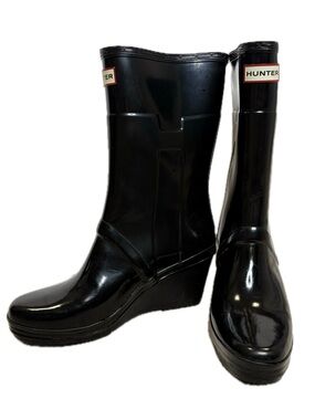 Hunter Kellan Rain Boots Womens Size 10 Glossy Black Wedge Rubber Midcalf
